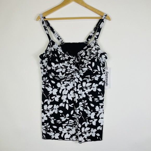 Septangle Black White Floral Ruched Front Swimsuit Swim Top Womens Sz 24 NEW NWT - Picture 1 of 9